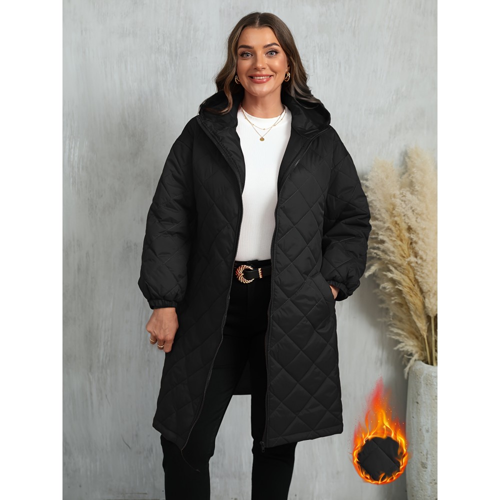 Plus Size, Women's Oversized Elegant Hooded Full-Zip Windproof Winter Coat - Heavy-Duty Warm Outer Jacket with Full-Length Zipper, Machine Washable & All-Season Pockets - Navy Blue/Black/Other Colors Available - Plus Size Available - Stylish Winter Outerwear with Hood, Solid Color Design, and Functional Pockets for Casual or Formal Wear, Plus Size Winter Jacket for Women, Winter Clothes for Women Plus Size, Jacket for Women Winter, Women Winter Jacket Plus Size,