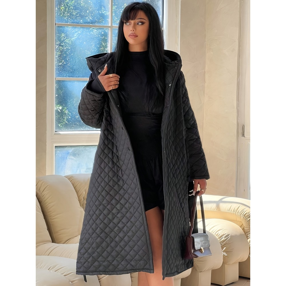 Plus Size - Elegant Fashion Quilted Over-the-Knee Dress with a Loose Hooded Design, Featuring a Belt for Women.