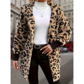 Leopard Print Plus Size Women's Elegant Hooded Winter Coat - Machine Washable Outerwear for Fall & Winter, Soft Warm Fabric, Stylish Women's Outerwear with Hood for Casual to Formal Events