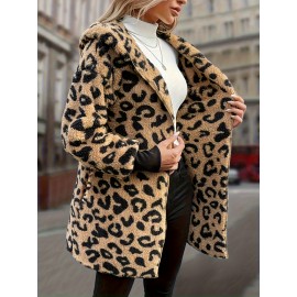 Leopard Print Plus Size Women's Elegant Hooded Winter Coat - Machine Washable Outerwear for Fall & Winter, Soft Warm Fabric, Stylish Women's Outerwear with Hood for Casual to Formal Events