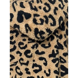 Leopard Print Plus Size Women's Elegant Hooded Winter Coat - Machine Washable Outerwear for Fall & Winter, Soft Warm Fabric, Stylish Women's Outerwear with Hood for Casual to Formal Events