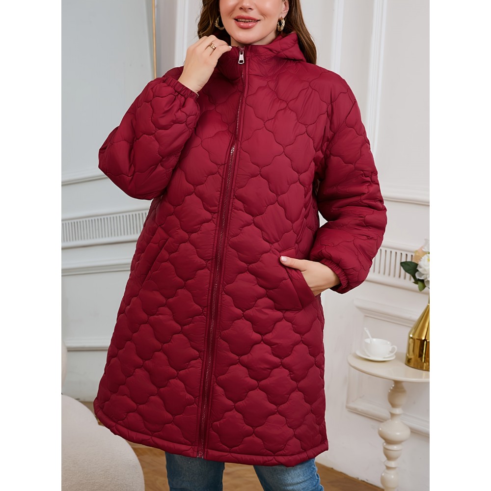 Plus Size, Elegant Quilted Square Flower Zip-Up Hooded Coat - Burgundy All-Season Machine Washable Outerwear with Zipper Closure & Hooded Design, Casual Wear, Sophisticated Style, Finish, Lightweight Layering, Stylish Jacket, Durable Fabric, Zip Front Jacket, Casual Attire