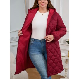 Plus Size, Elegant Quilted Square Flower Zip-Up Hooded Coat - Burgundy All-Season Machine Washable Outerwear with Zipper Closure & Hooded Design, Casual Wear, Sophisticated Style, Finish, Lightweight Layering, Stylish Jacket, Durable Fabric, Zip Front Jacket, Casual Attire