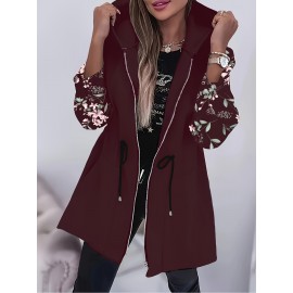 Plus Size, Women's Plus Size Elegant Floral Print Jacket - Black with Zipper Front Closure, Long Sleeve Non-Stretch Coat, Mid-Length Formal & Casual Outerwear for Everyday Special Events, Ladies Jacket, Versatile Clothing, Sophisticated Design, Detailed Cuffs