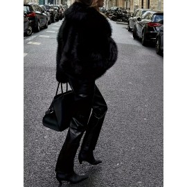 Plus Size - Women'S Plus Size Elegant Long Sleeve Faux Fur Coat - Cozy Warm Solid Color Shawl with Front Button Closure, Fluffy Lined, Slim Fit for Fall/Winter Fashion, Winter Fashion Coat | Elegant Long Sleeve Coat | Plush Lined Interior