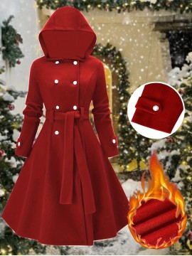 [Plus Size Christmas Coat] Christmas Women's Plus Size Coat | Elegant Double-Breasted Hooded Fleece-Style Polyester Coat with Ribbed Cuffs & Hem, Machine Washable Winter Outerwear for Holiday Parties & Cold Weather