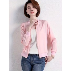 Elegant V-Neck Long Solid Color Cardigan for Women - Chic Non-Stretch Fabric, Perfect for All Seasons, Stylish Pink Blazer with Ribbed Cuffs and Hem