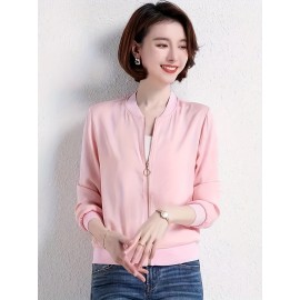 Elegant V-Neck Long Solid Color Cardigan for Women - Chic Non-Stretch Fabric, Perfect for All Seasons, Stylish Pink Blazer with Ribbed Cuffs and Hem